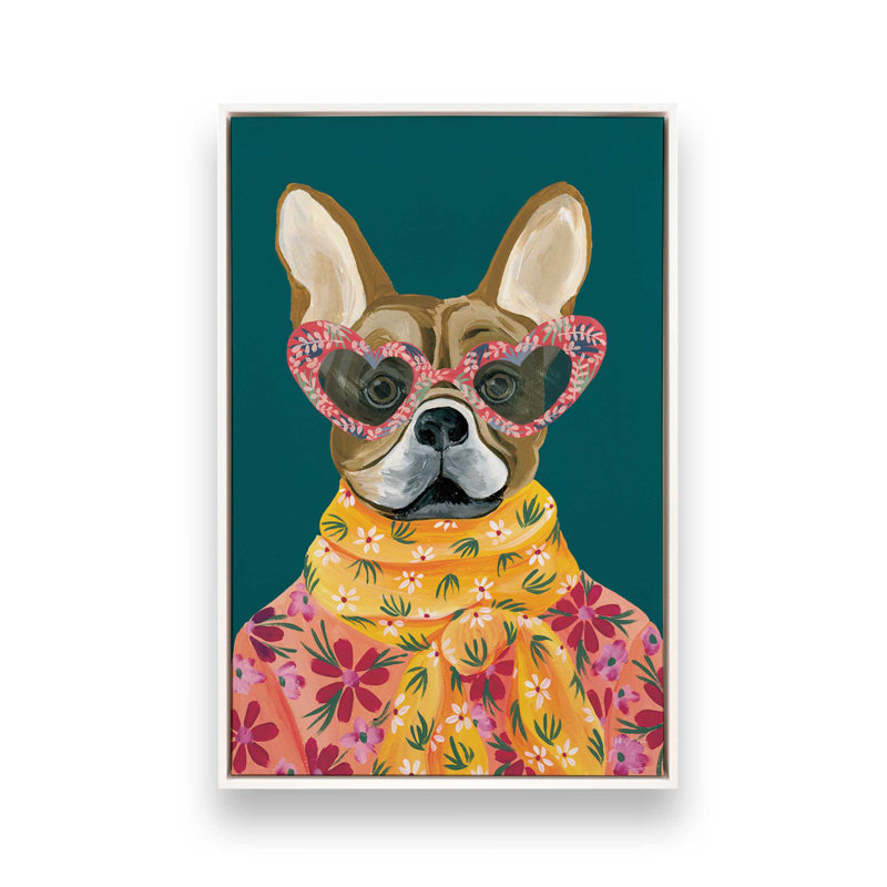 «Fabulous Frenchie» par Yvette St. Amant, reproduction d'art, H 16 po x l 12 po, Cadre flottant, Blanc