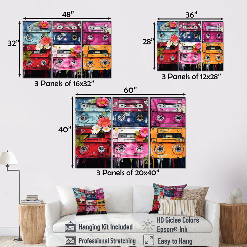 Floral Cassette Tapes Serenity - Cassette Tapes Wall Art, H 40 po x l 60 po x P 1 po, Toile tendue