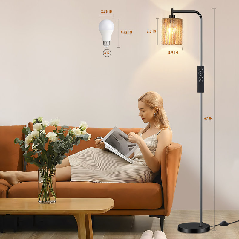 Iberis 68'' Slim Dimmable Floor Lamp With Remote Control, Handwoven Rattan Shade, 10W LED Bulb Included