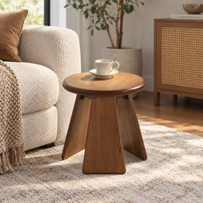 Table basse d'appoint ronde en bois massif avec piètement évasé sculptural