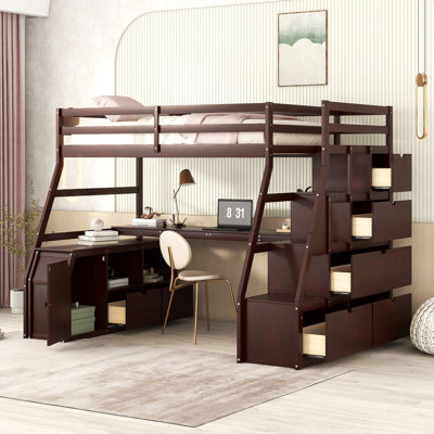 Lit mezzanine avec 7 tiroirs, 2 tablettes et un bureau