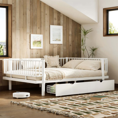 Lit plateforme double avec tiroirs de rangement, structure de lit de jour en métal avec conception de tuyau rond de sécurité améliorée, conception à profil bas (sans matelas)