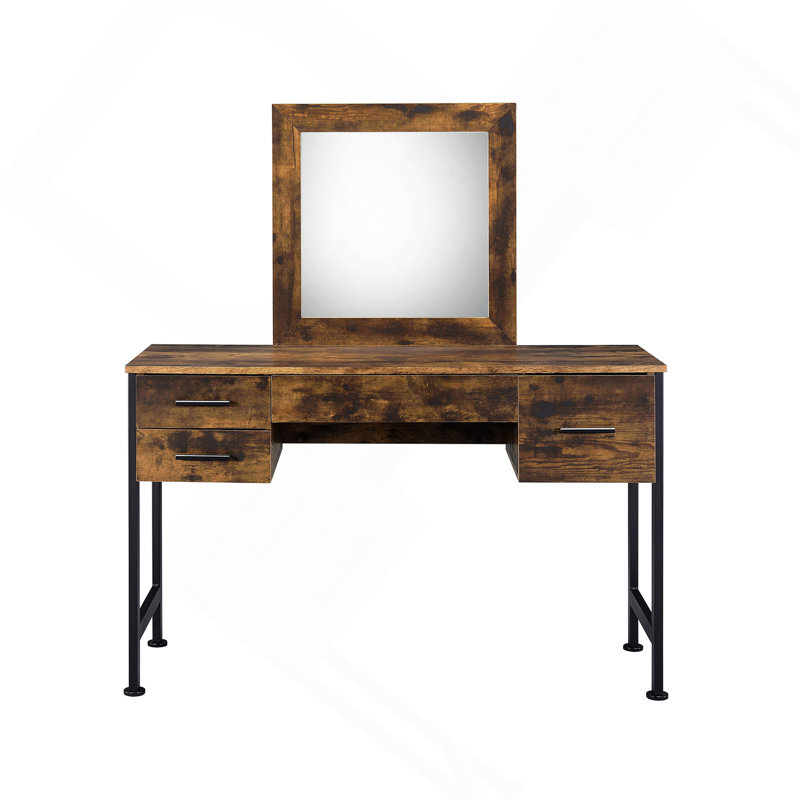 Ensemble de coiffeuse 4 tiroirs avec miroir, chêne rustique et noir