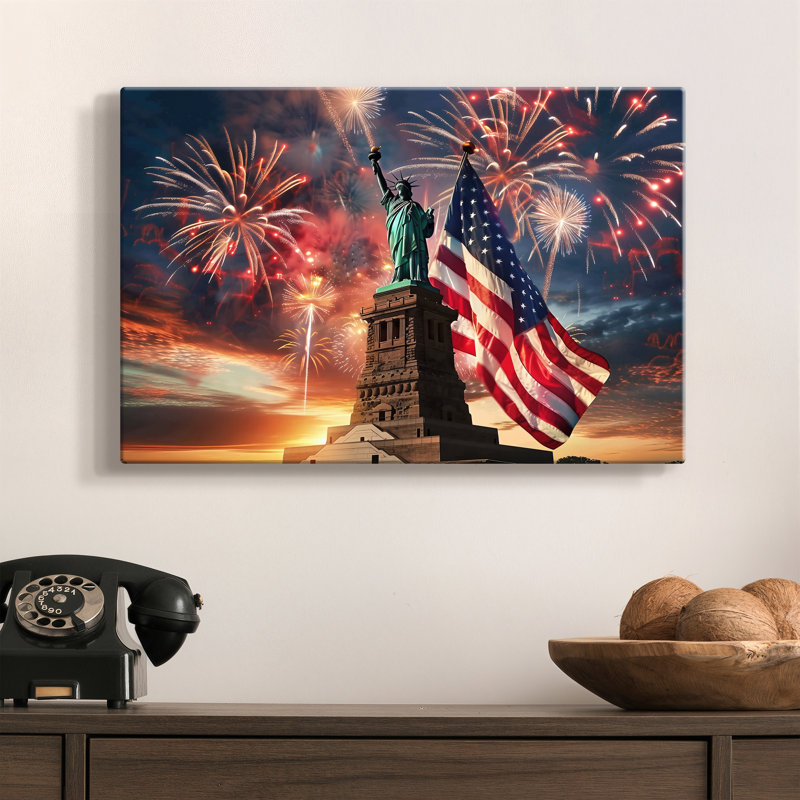 Liberty, drapeau et feu d'artifice - Toile tendue avec châssis - prête à être accrochée, 12X18