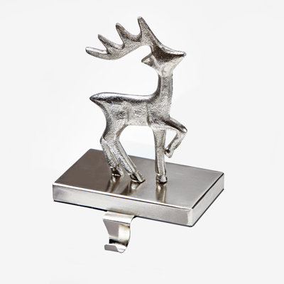 Prancing Reindeer Stocking Holder Silver Metal Christmas