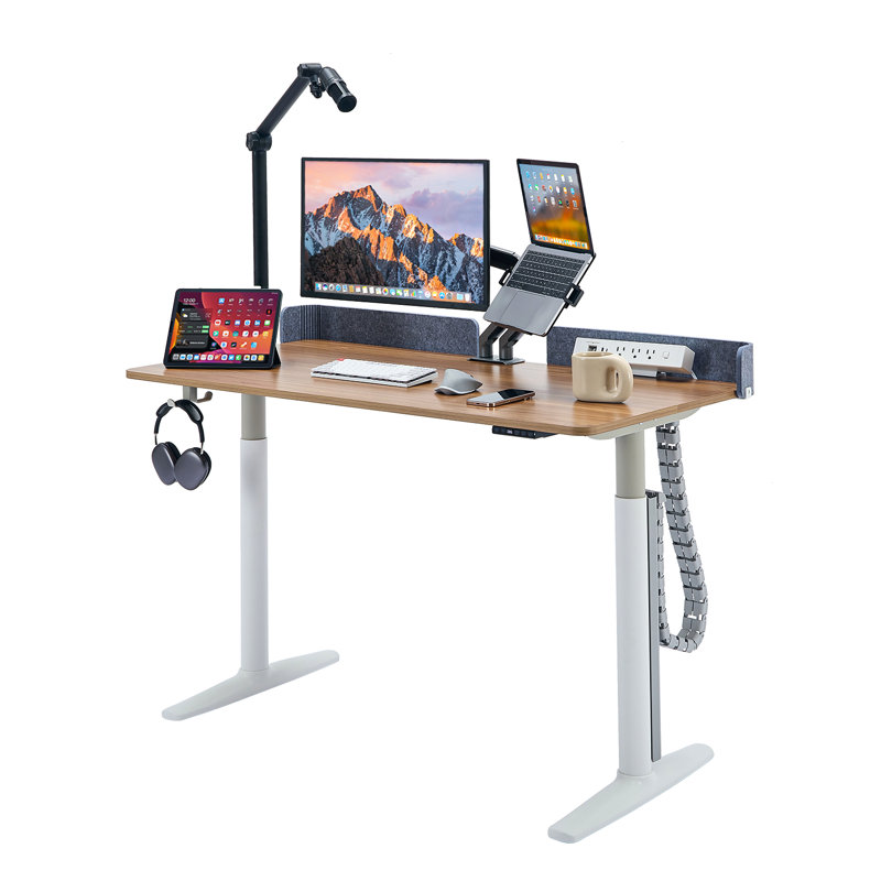 Bureau debout électrique à hauteur ajustable avec colonne ronde, H 46 po x l 55 po x P 28 po, Noyer clair / blanc