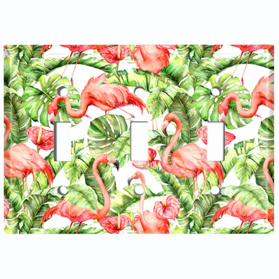 Metal Light Switch Plate Outlet Cover (Pink Flamingos Green Monstera Plants Leaves White - Single Toggle)