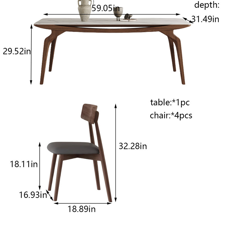 Ensemble de table de salle à manger rectangulaire et chaises, H 29,53 po x l 31,49 po x L 59,05 po