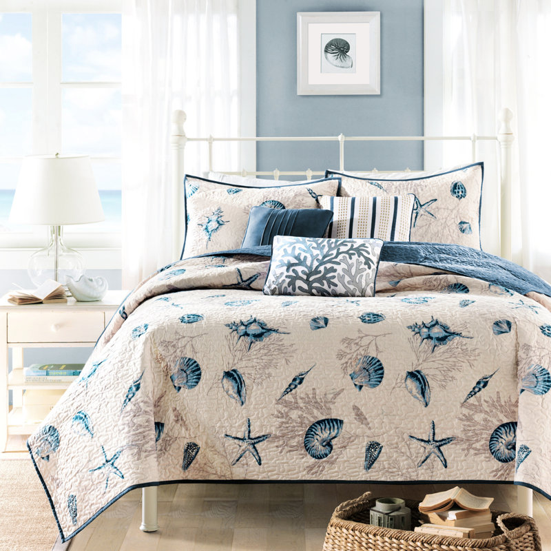 Courtepointe réversible en microfibre bleue avec motifs corail, double / grand, bleu, broderie