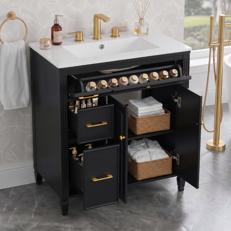 Meuble-lavabo autoportant de 76 cm (30 po) avec lavabo en céramique, porte à fermeture amortie, tiroir basculant, noir, Noir