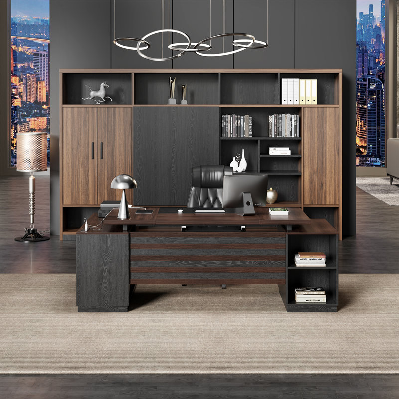 78-Inch L-Shaped Executive Desk Large Office Desk With Power Outlet, Drawer Lateral File Cabinet, Modern Computer Table With Open Shelf And Storage Cabinet For Home Office Study, Brown Black