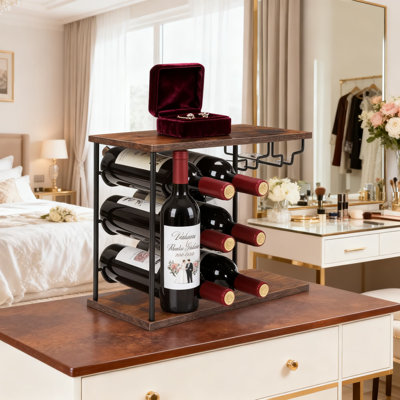 Support à vin de comptoir autoportant avec porte-verre, rangement en bois et métal 2 en 1 pour la cuisine, le bar ou l'armoire, pouvant contenir 6 bouteilles et 4 verres