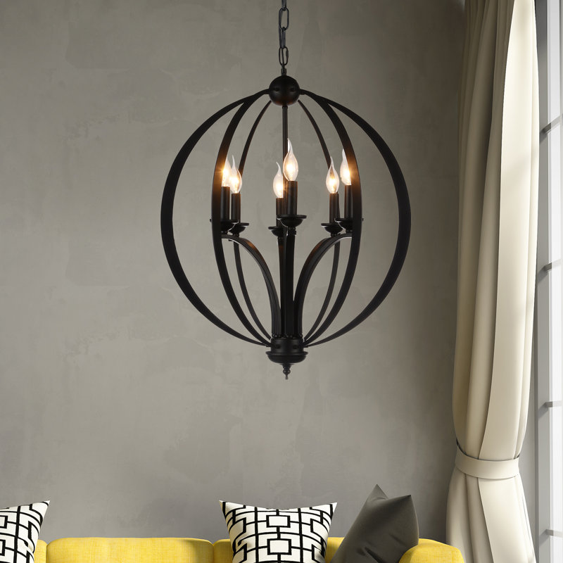 Hargreaves 24" 6-Light Up Chandelier for Dining Room, Living Room, Entryway – Black Finish – Geometric Globe Design