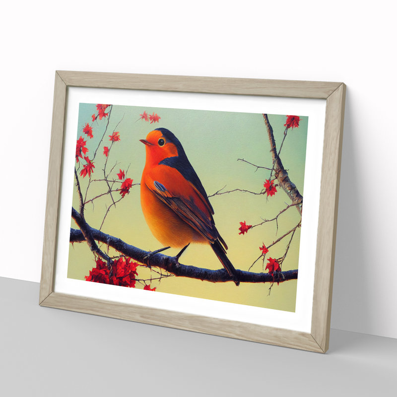 Thrilling Robin Bird - Single Picture Frame Print, 46cm H x 64cm W x 2cm D, Oak Framed