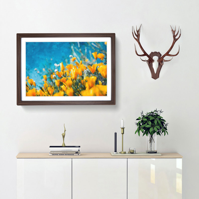 Yellow Blooming Flowers - Picture Frame Painting Print, 40cm H x 60cm W x 2cm D, Walnut Framed