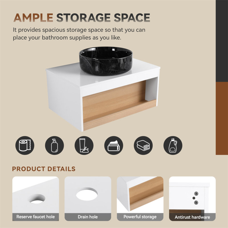 Meuble-lavabo flottant de 30 po avec lavabo vasque en veine de marbre noir, meuble-lavabo mural avec tablette ouverte avec finition en bois