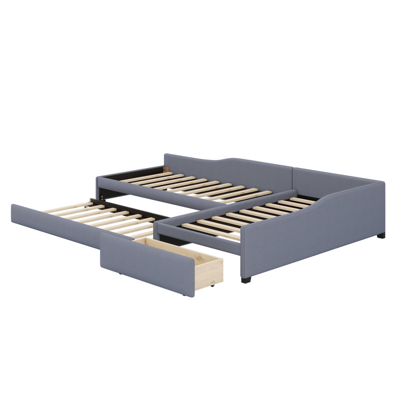 Upholstered Double Daybed With Trundle And Drawer, Gray