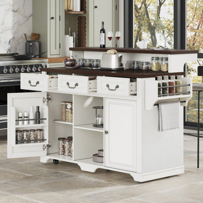Farmhouse Kitchen Island With Storage, Power Outlet, 4 Door Shelves, Adjustable Shelves And Two-Tier