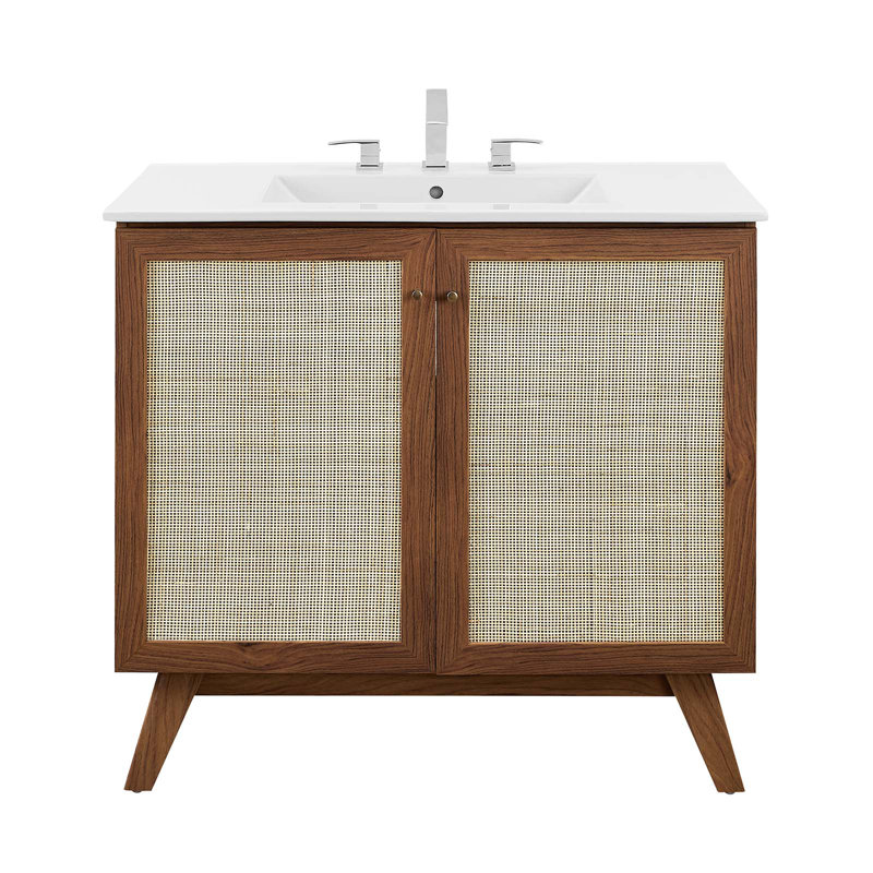 Modway Soma 36'' Free Standing Single Bathroom Vanity with Manufactured Wood Top, Walnut, White