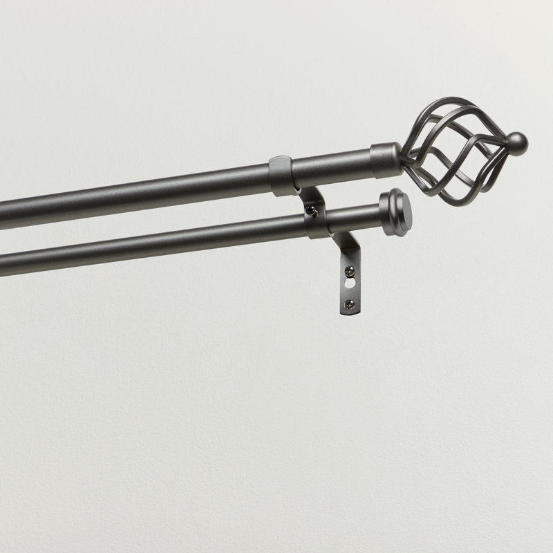 Gunmetal Double Curtain Rod with Twisted Iron Finials, 36"-72"