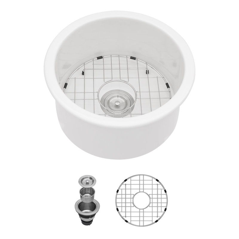 18" Round Drop-in/Undermount Ceramic Bar Sink, Kitchen Sink with Sink Grid and Basket Strainer