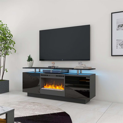 160cm Large Black Tv Cabinet With Fireplace, 9 Colour Options, 8 Levels, Storage, Modern For House Living Decoration Settings, Home