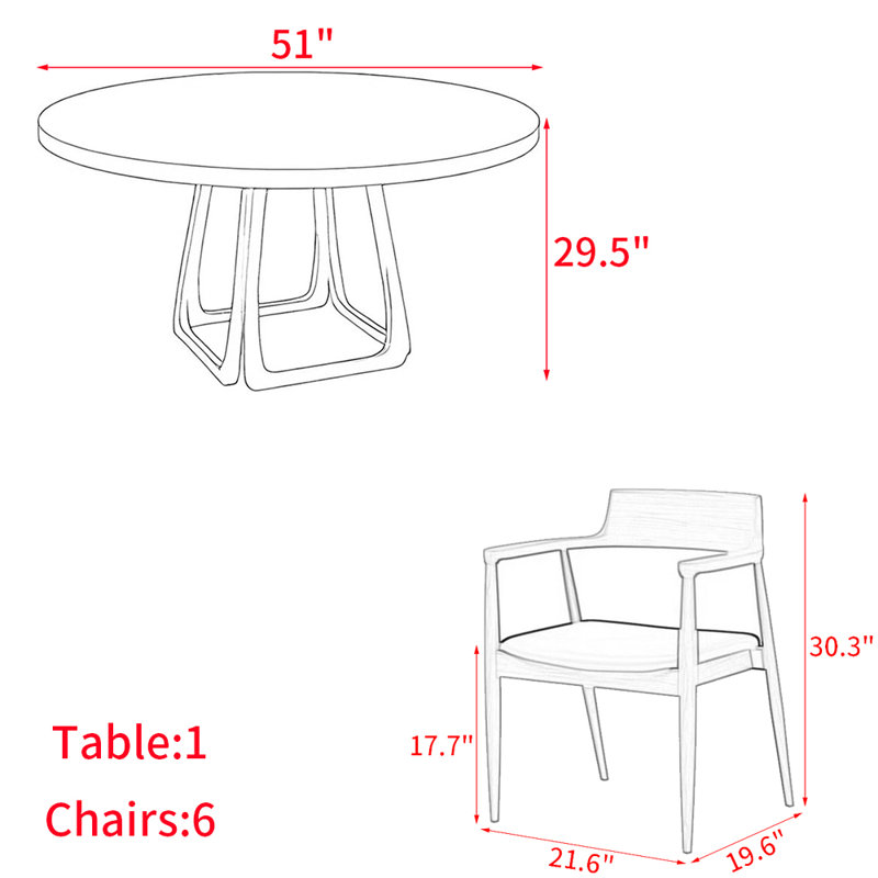 Modern simple solid wood dining table set., 29.5"H x 51"L x 51"W