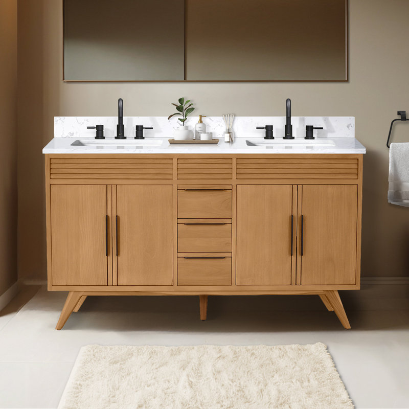 Taylor 61" Natural Teak Double Sink Vanity with White Stone Top