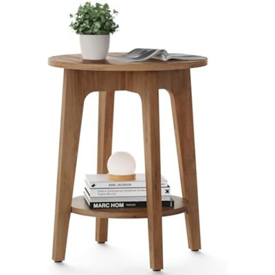 Table d'appoint, petite table de bout ronde à 2 niveaux, table de chevet avec pieds fuselés, transitions courbées, pour petits espaces, salon, chambre à coucher, brun miel