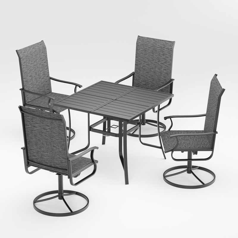 Ensemble de salle à manger pour 4 personnes avec chaises pivotantes, table de patio et chaises avec trou pour parasol, ensemble de salle à manger d'extérieur avec cadre en acier