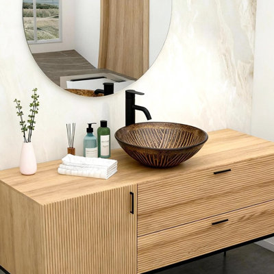 Lavabo vasque en verre trempé Amber avec bonde escamotable, motif de plumes centrales, facile à installer dans la salle de bain, 16,5 po