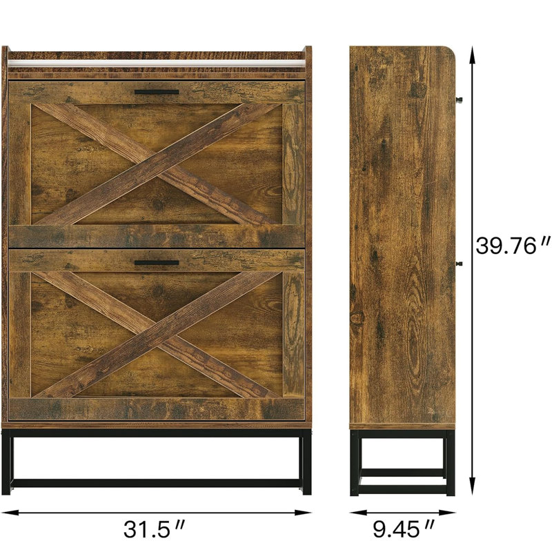 2 Drawer Industrial Shoe Cabinet,Open Storage Shelf,Rustic Brown