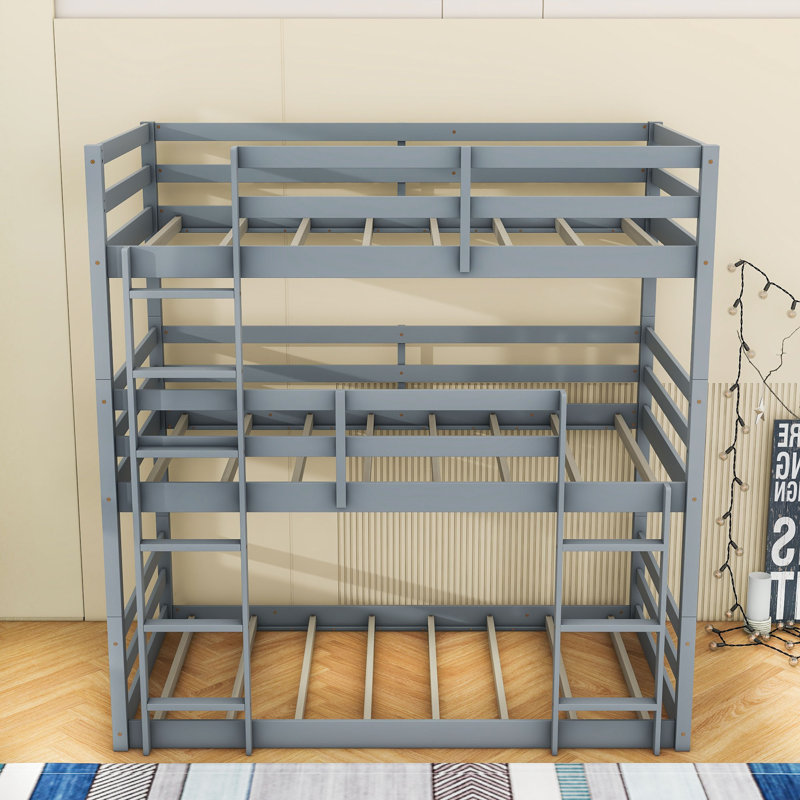 Twin Over Twin Over Twin Wooden Bunk Bed With Detachable Design And Ladder, Gray