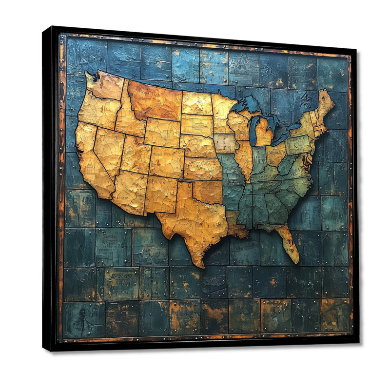 Amirya Vintage 19 Centruy Us Map II - carte des États-Unis, art mural, Impression encadrée flottante, Noir, noir, noir, noir