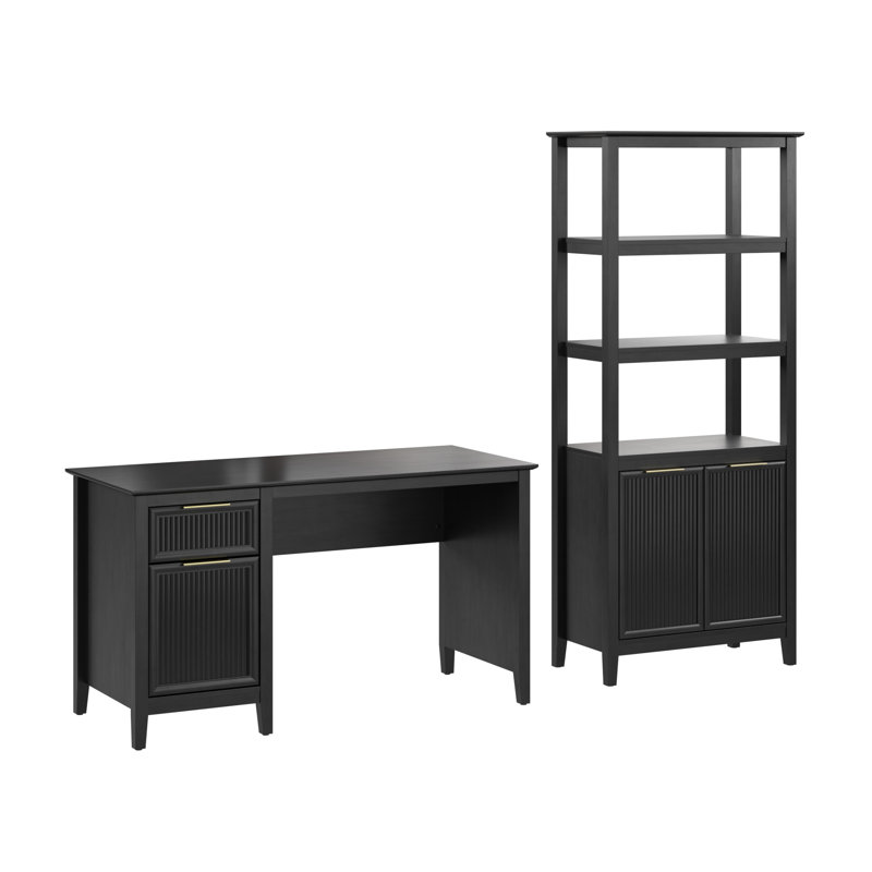 54W Fluted Office Desk With Storage And 5 Shelf Bookcase With Doors, Home Office Furniture, Black