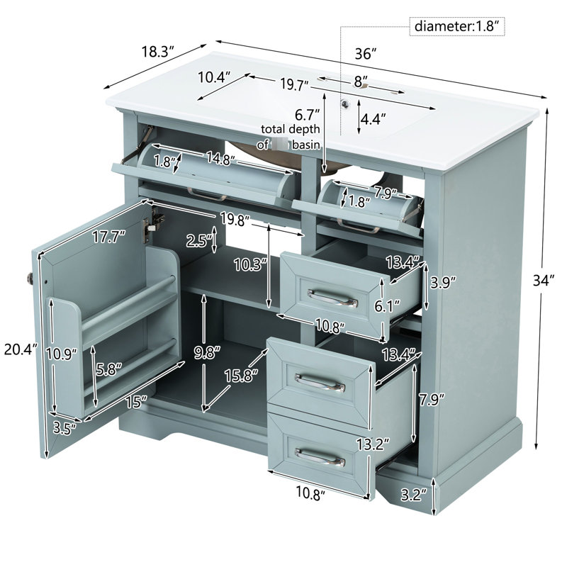 Meuble-lavabo 36 po avec finition gris moderne, lavabo sous-comptoir en céramique, charnières en métal rouille à fermeture en douceur, 2 tiroirs basculants, tablette coulissante réglable pour le rangement 36 +