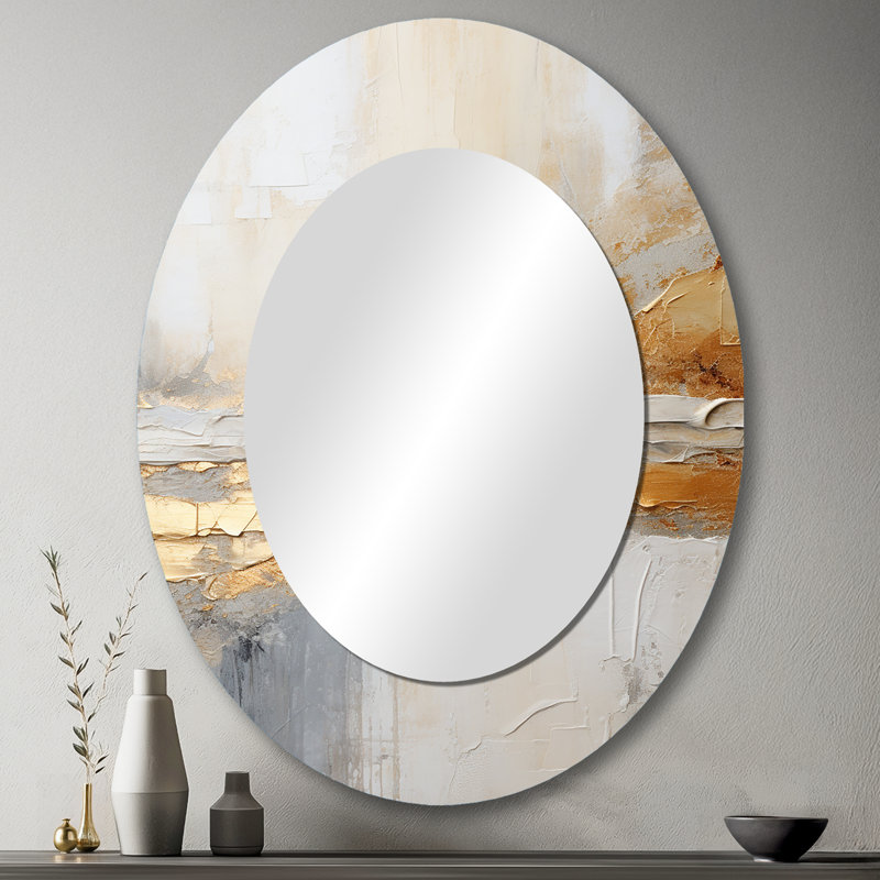 Beige abstrait Fusion I - miroir décoratif ovale côtier sur métal, 43 po x 33 po