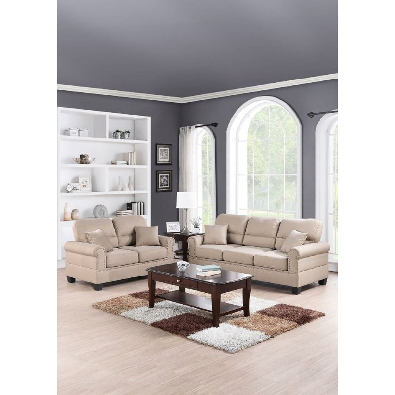 2 pièces en polyfibre de style moderne avec coussins, garniture en similicuir, boutons en nickel, pieds et coussins en plastique massif, revêtement, structure en bois fini
