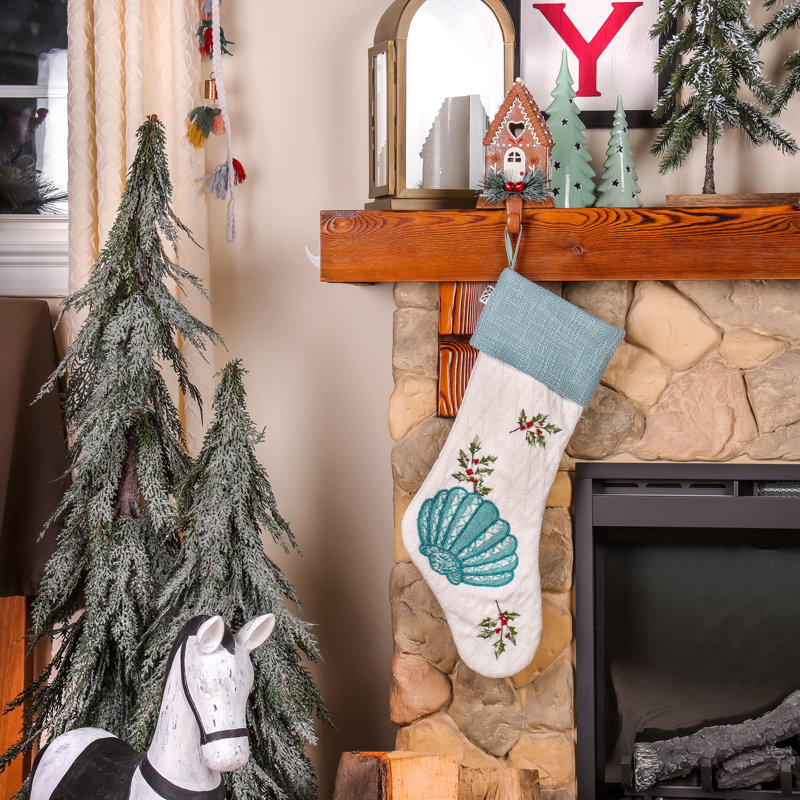 20" White and Blue Coastal Embroidered Shell Stocking