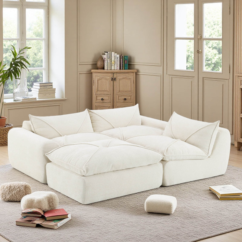Oversized Modular Sofa,Fully Compressed,4 Seat Spacious Foam-Filled Sofa Bed for Living Room, White