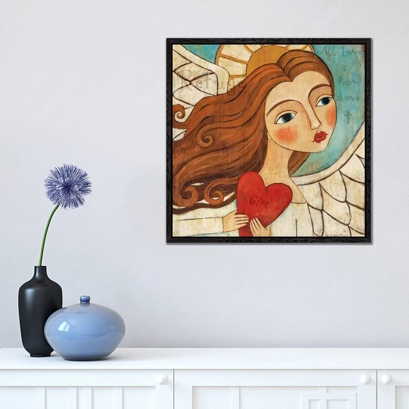 Angel In Blue With Word by Teresa Kogut - Painting on Canvas, 45.72 cm H x 45.72 cm W, Black Framed