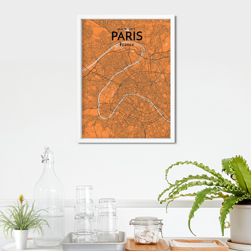 Carte de Paris, impression nautique, H 24 po x l 18 po x P 0,05 po, Orange et gris