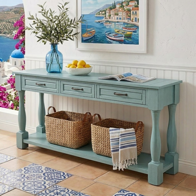 Smithmill Vintage Style 63.41'' Console Table with Drawers and Shelves for Hallways and Living Rooms, Retro Blue
