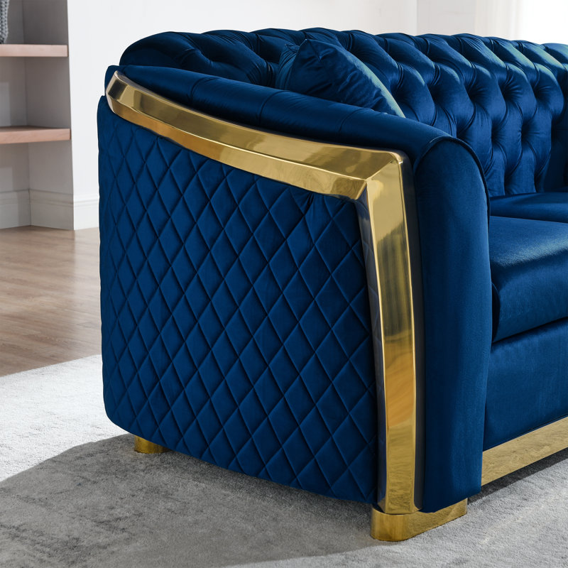 Canapé Chesterfield de 84 po en velours capitonné avec 3 coussins de salon, Marine