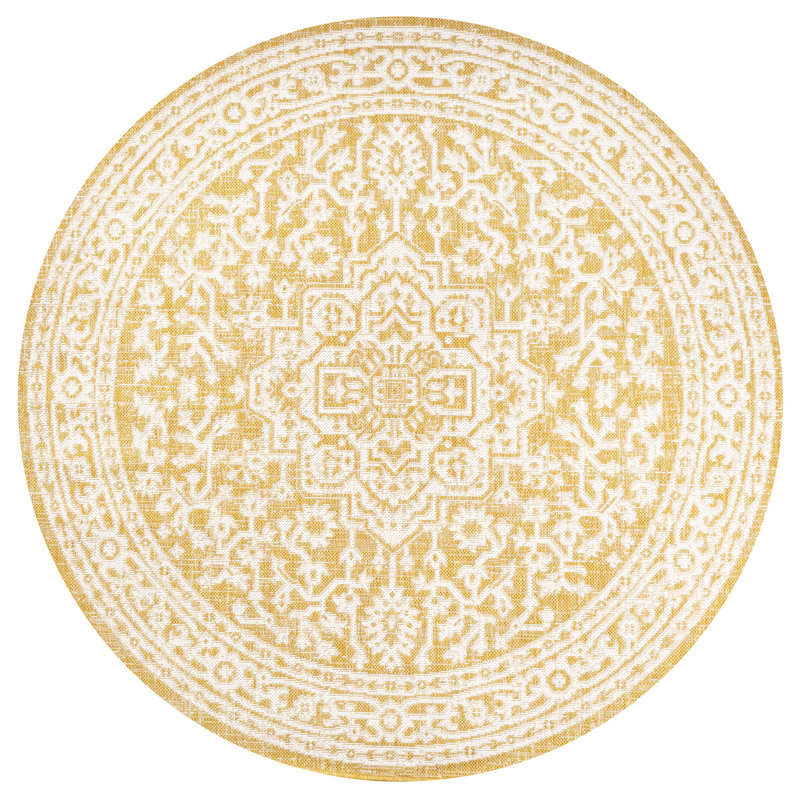 Tapis intérieur / extérieur jaune / crème Aaleayah Medallion, Rond 5 pi 3 po