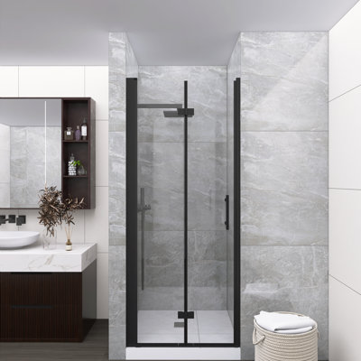 Porte de douche pliante 32 po x 72 po, verre trempé de 1/4 po de 6 mm avec film antidéflagrant, cadre en aluminium noir mat