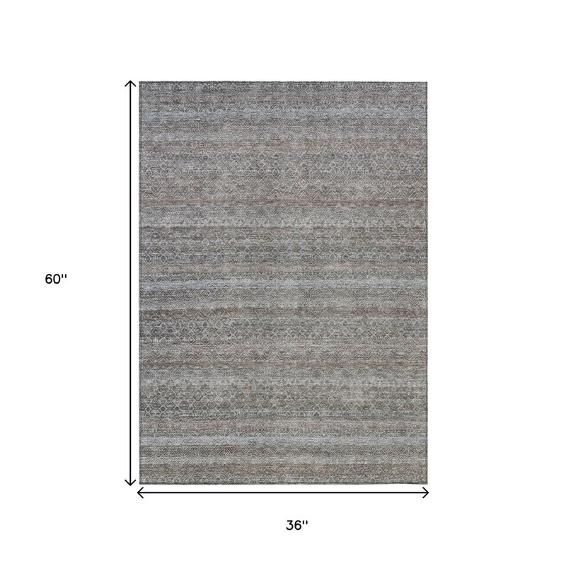 3' X 5' Brown And Beige Striped Washable Indoor Outdoor Area Rug