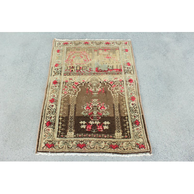 Vintage Small Turkish Prayer Rug Oushak Rugs Ideal for Gift with Beige Colorful Islamic Decorative Wool