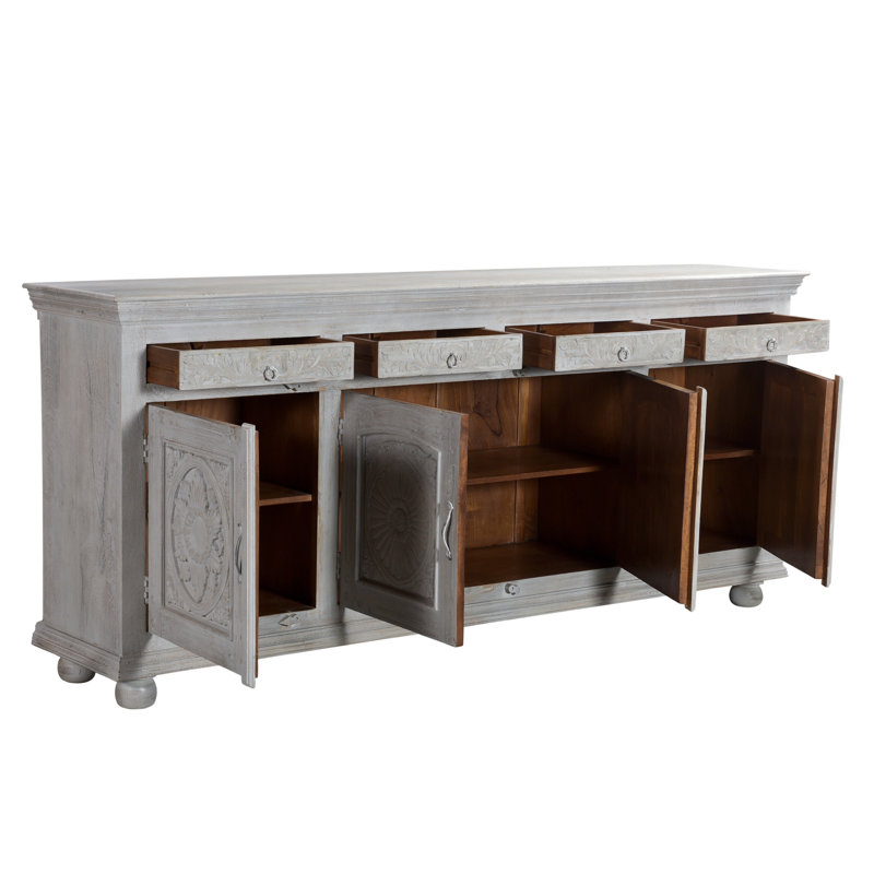 Buffet en bois massif sculpté Harleen, Gris, L 102 po