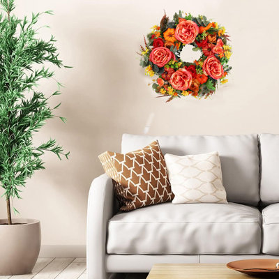 Artificial Flower Wreaths For Front Door Decor, Rustic Flower Door Wreaths Thanksgiving Christmas Party Wreath With Pumpkin,Peony,Mixed Fall Leaves, F